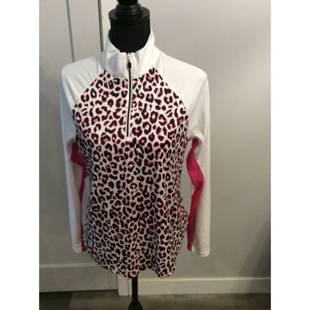 Greg Norman Pink Black Leopard Print 1/4 Zip Golf Long sleeve Shirt Medium